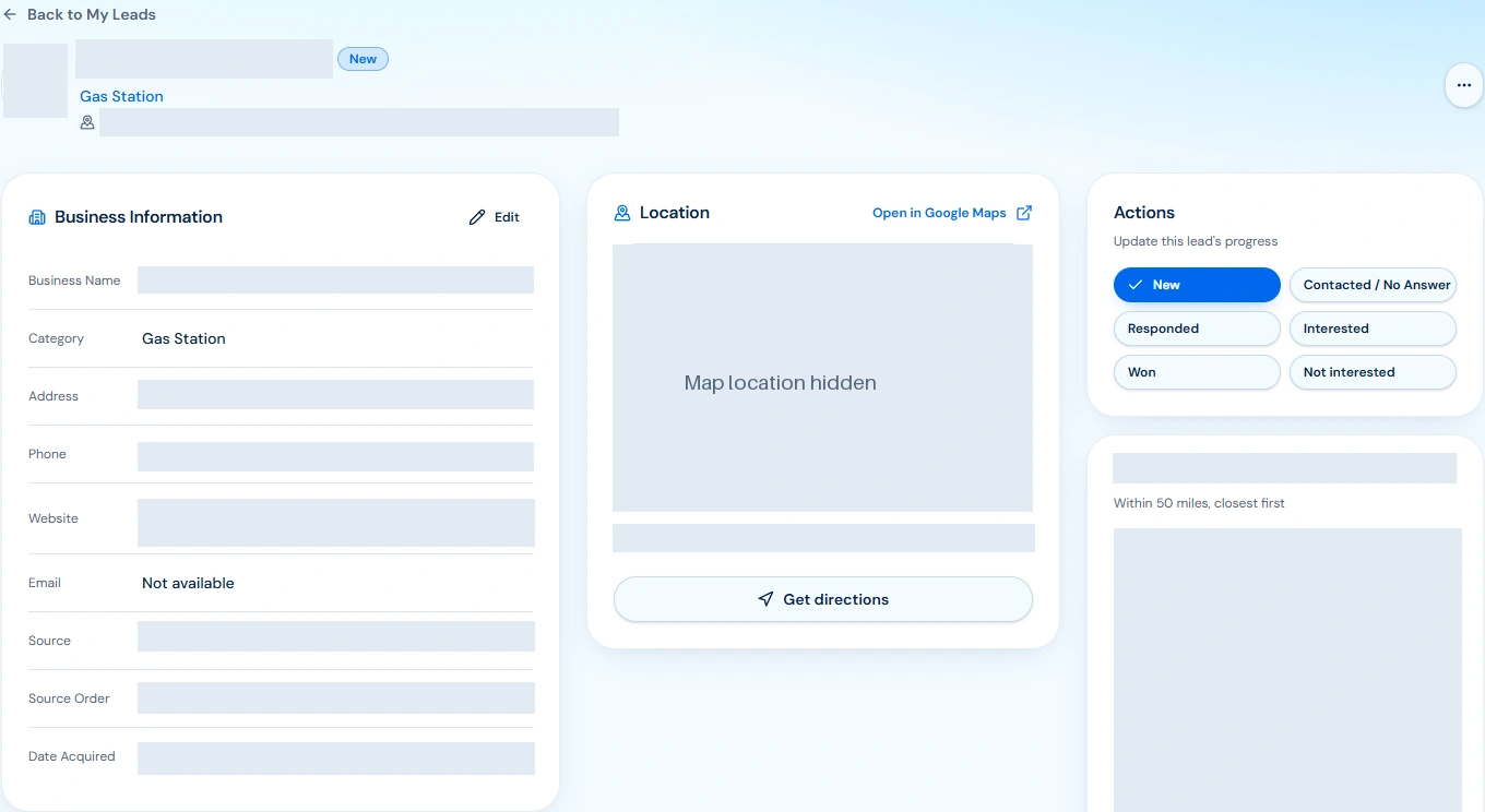 Actual BusinessLeadSearch business-detail screen with contact field labels, location controls and six status actions; prospect details masked