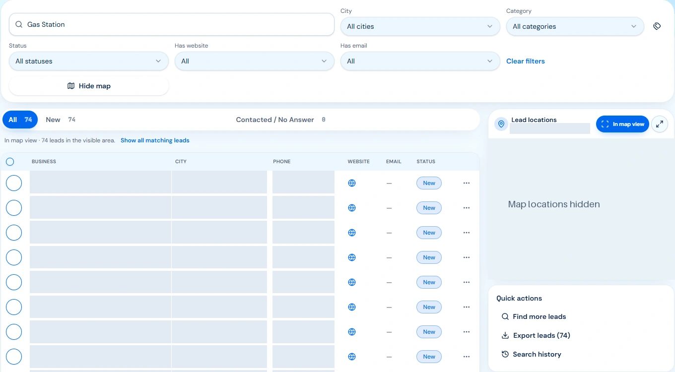Privacy-masked BusinessLeadSearch gas-station workspace showing city and status filters, map-view controls, and export