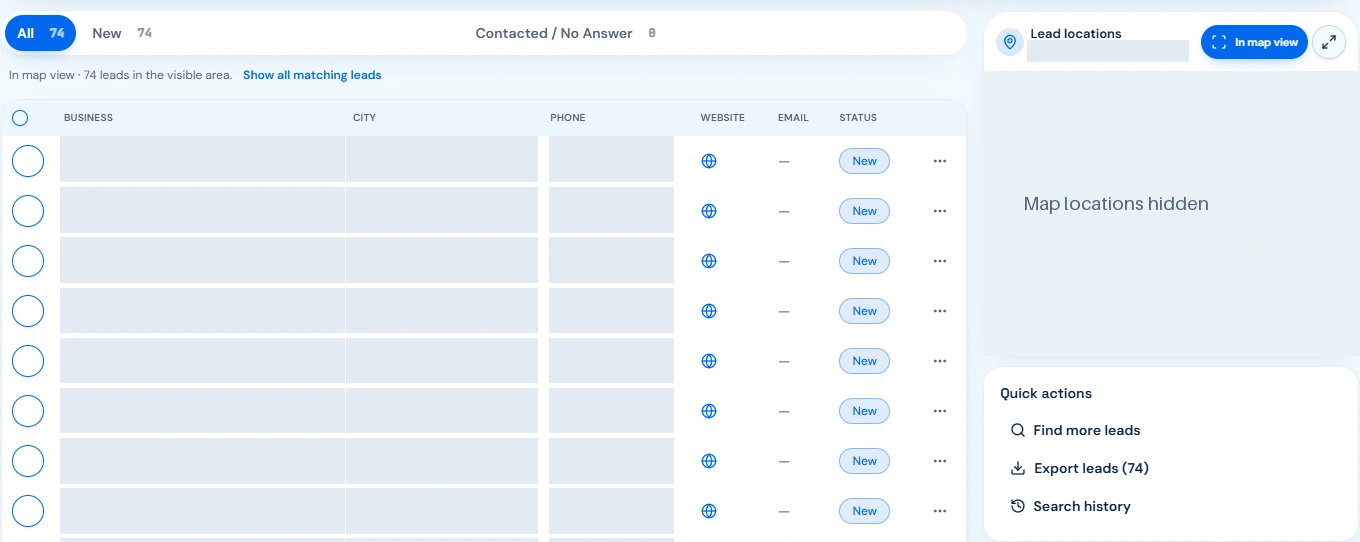 Actual BusinessLeadSearch lead list with status tabs, map-view controls and export; business records and map locations masked