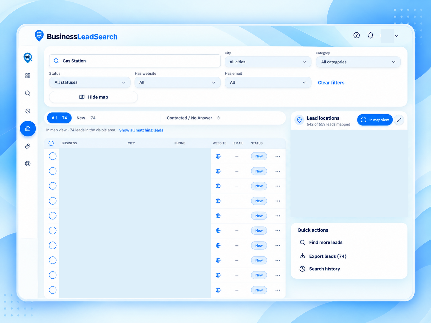 Actual BusinessLeadSearch gas-station workspace with location filters, status tabs and quick actions; business identities, phone numbers and map locations masked