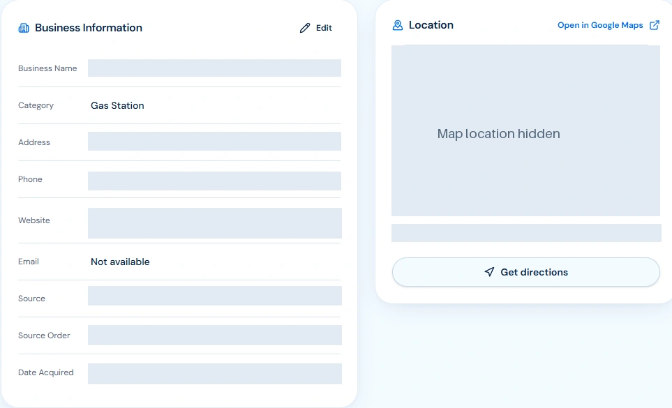 Actual BusinessLeadSearch business-information and location panels; identifying fields and map location masked, unavailable email visible