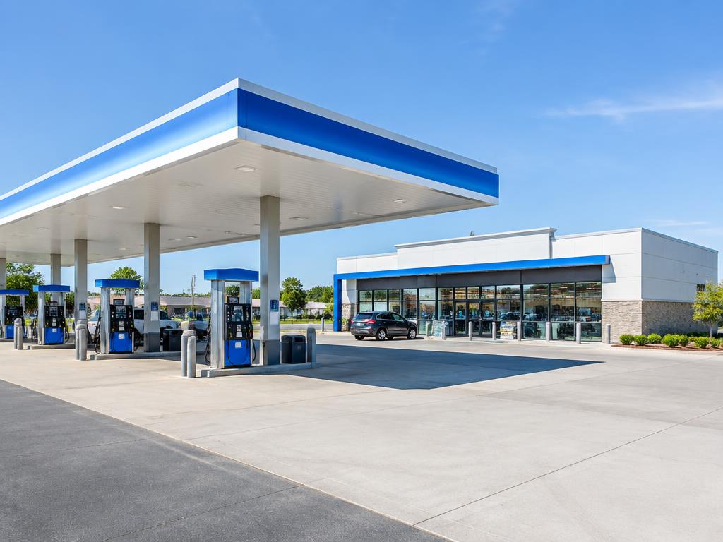 Gas station fuel canopy and adjoining convenience store