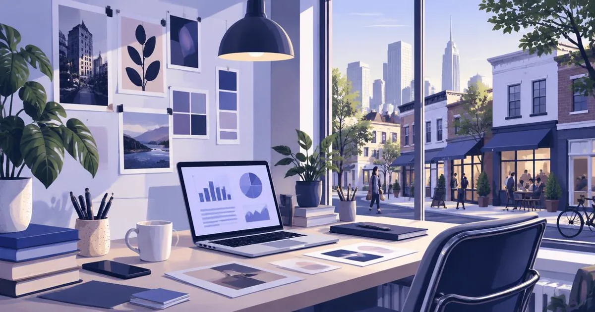 Illustration of a marketing agency studio desk with a laptop showing charts and a window view of local storefronts