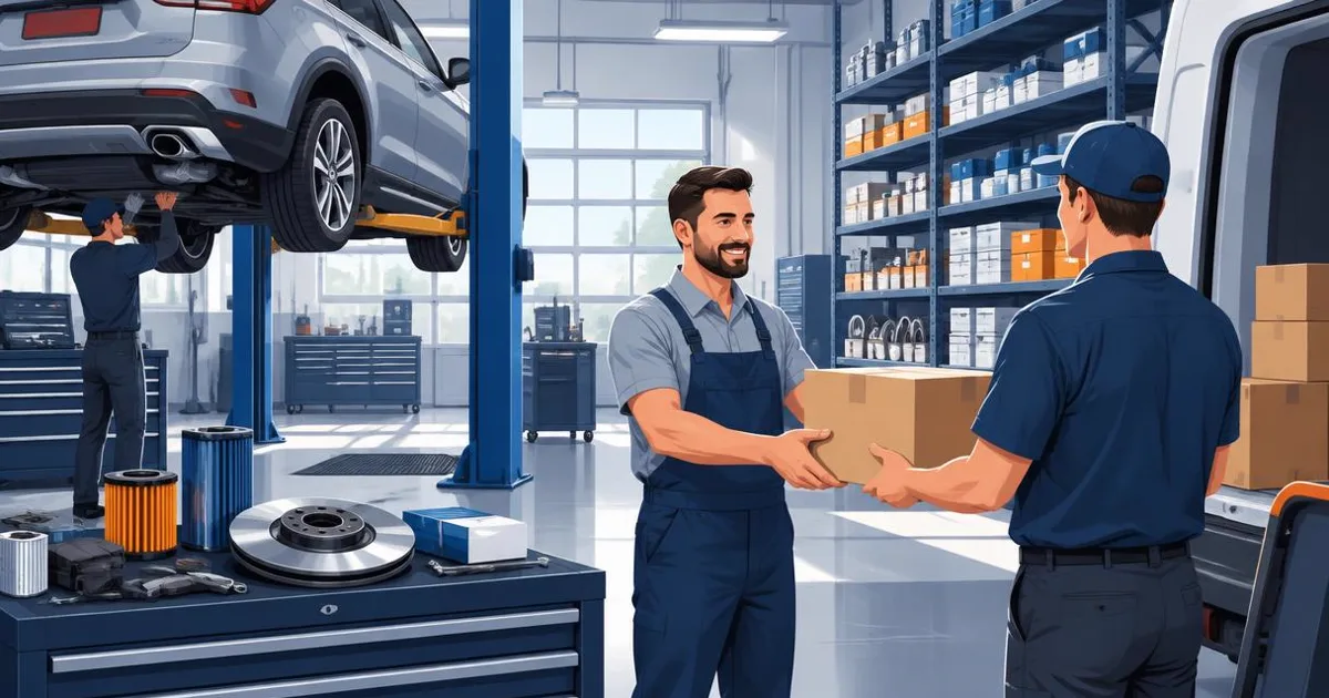 Illustration of a parts delivery driver handing a box to a mechanic inside an independent auto repair garage