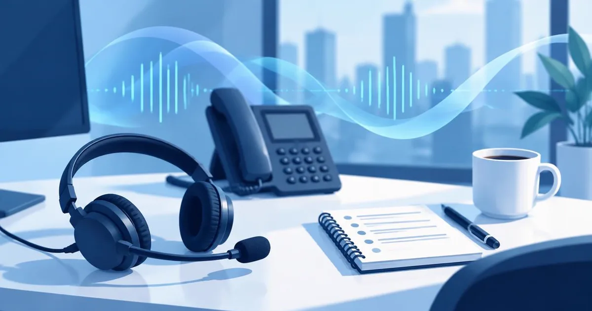 Illustration of a sales desk with a headset, desk phone and notepad with soft sound waves in the air