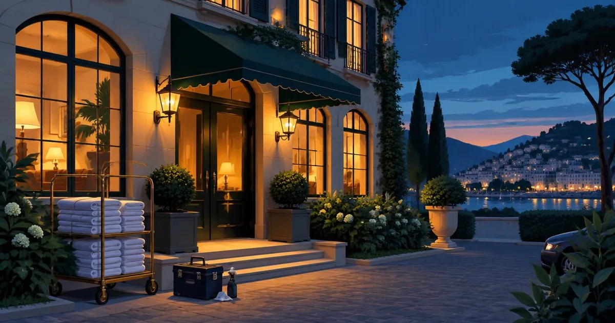 Illustration of an independent boutique hotel entrance at dusk with a linen cart and maintenance toolbox near the door