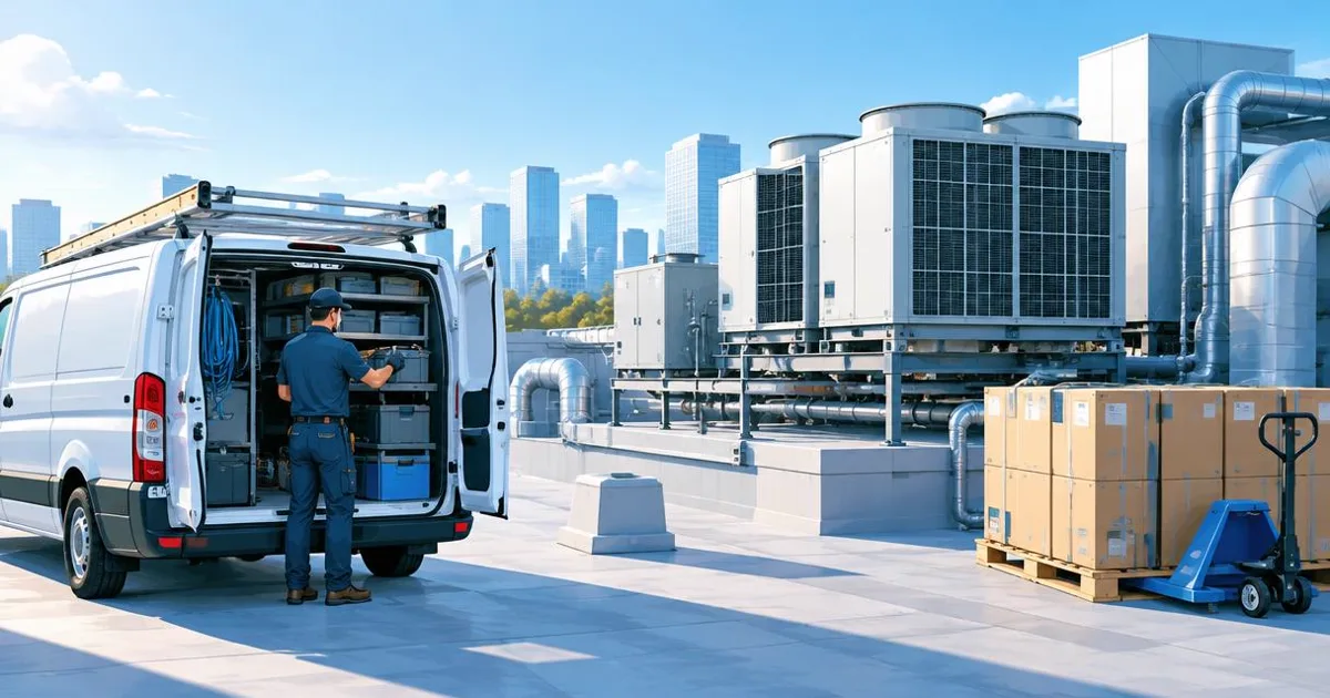 Illustration of an HVAC technician loading a service van beside rooftop air-conditioning units and supplier pallets