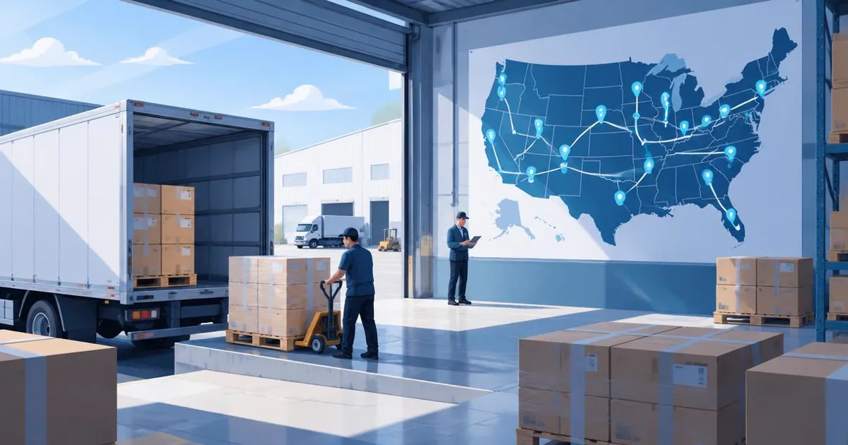 Illustration of a distribution warehouse loading dock with pallets and a wall map of sales territory routes